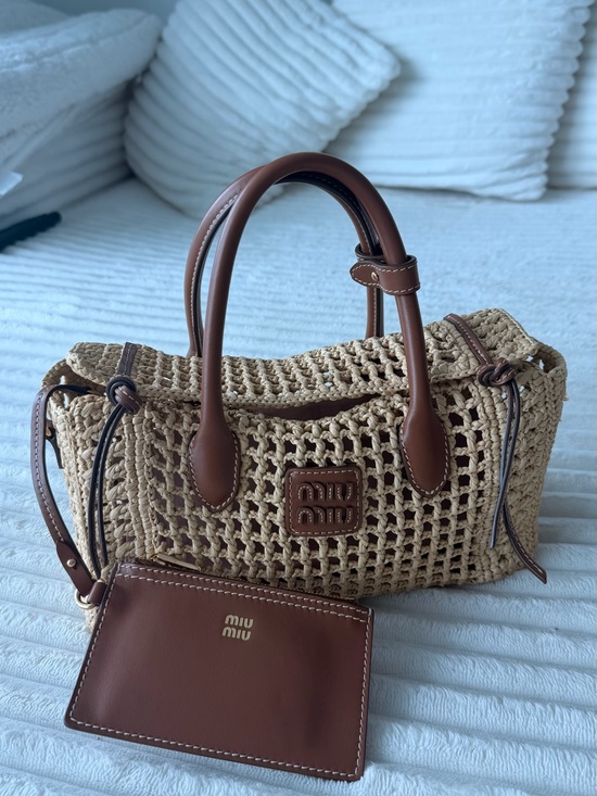 Miu Miu Handbags - Miu Miu Tan Raffia handbag with Brown Leather Trim